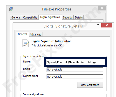 Screenshot of the SpeedyPrompt (New Media Holdings Ltd) certificate